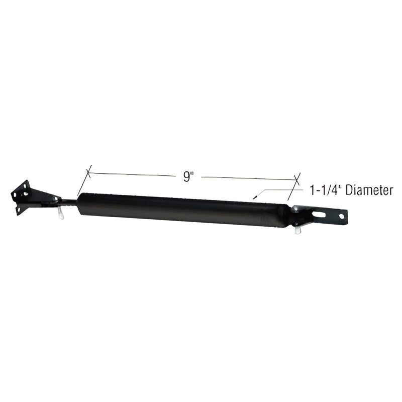 Black 9" pneumatic screen door closer (SKU K5028) with 1-1/4" barrel, mounting brackets and adjustable closing speed.