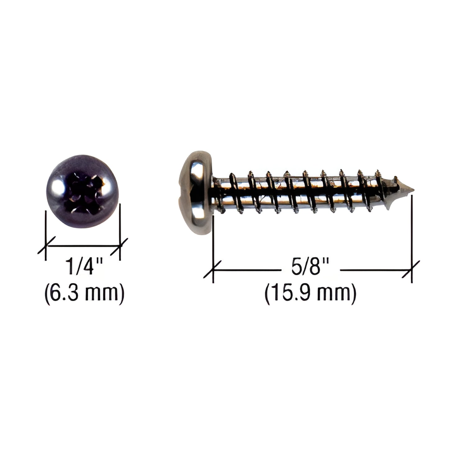GDHSCBL black oval Phillips mounting screw, 1/4 in (6 mm) head, 5/8 in (16 mm) length - side and top views.