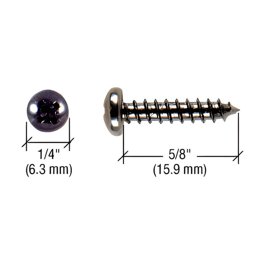 GDHSCBL black oval Phillips mounting screw, 1/4 in (6 mm) head, 5/8 in (16 mm) length - side and top views.
