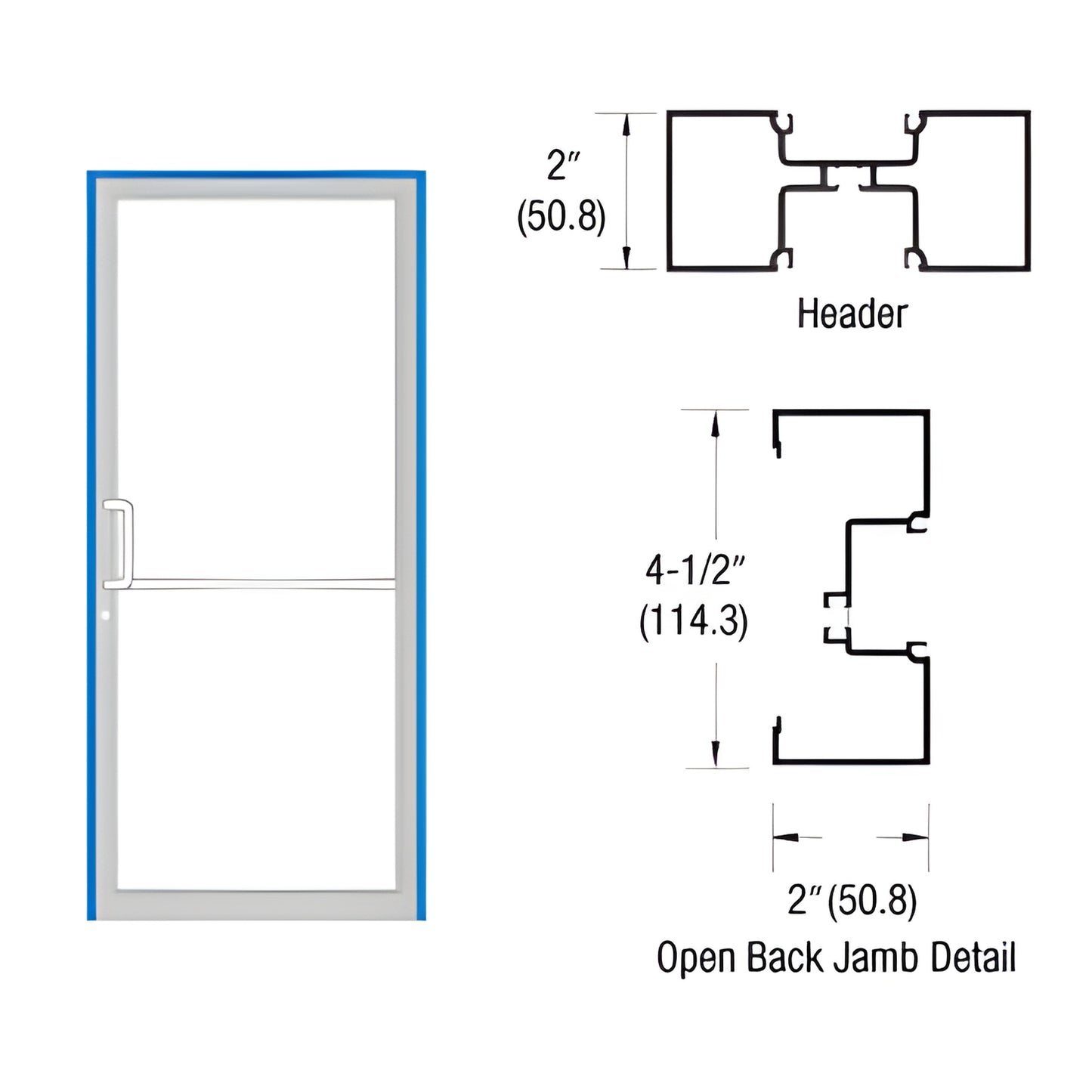 Custom Kynar aluminum 36x84 door frame with blue finish, diagram of header and 2" x 4 1/2" open back jamb.
