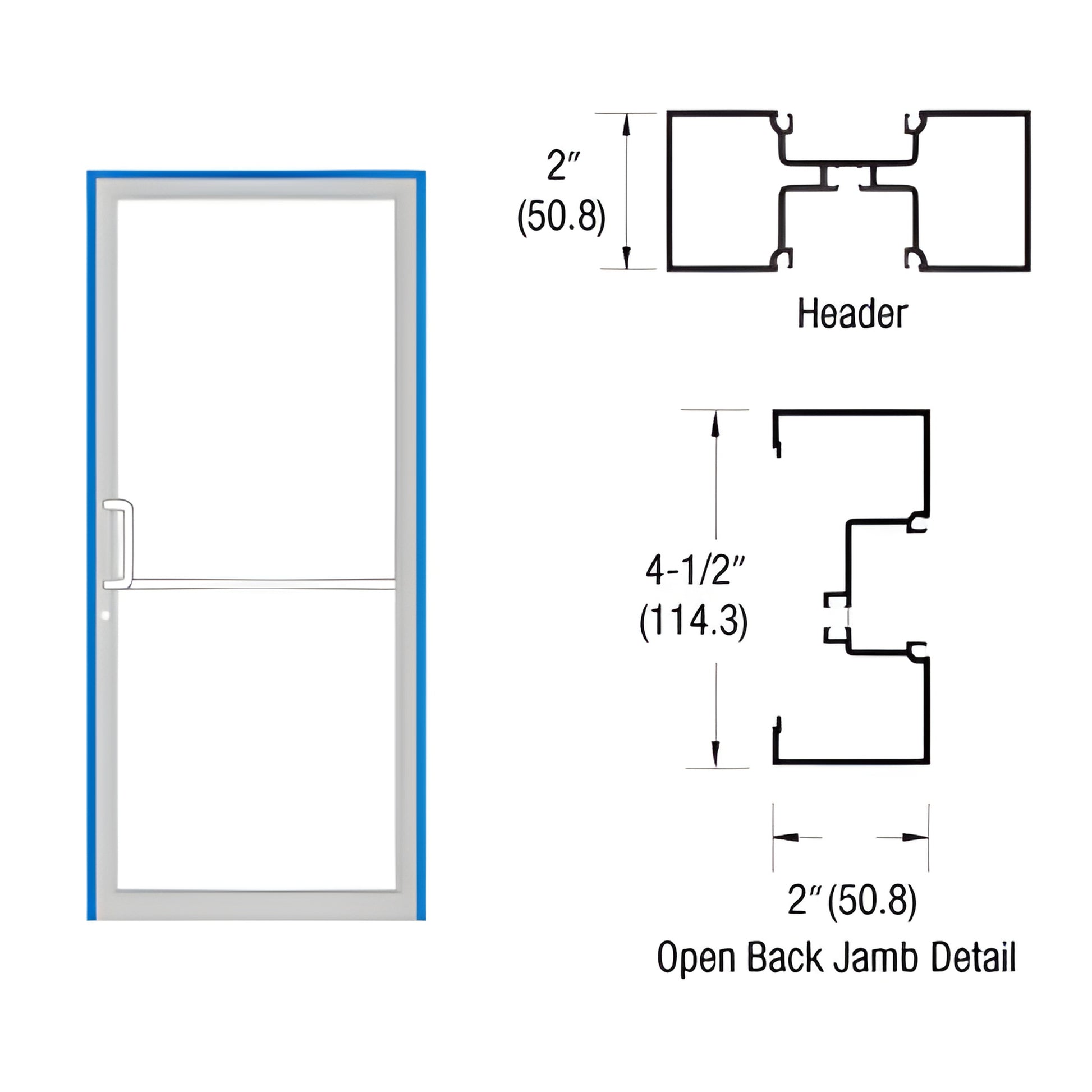 Custom Kynar aluminum 36x84 door frame with blue finish, diagram of header and 2" x 4 1/2" open back jamb.