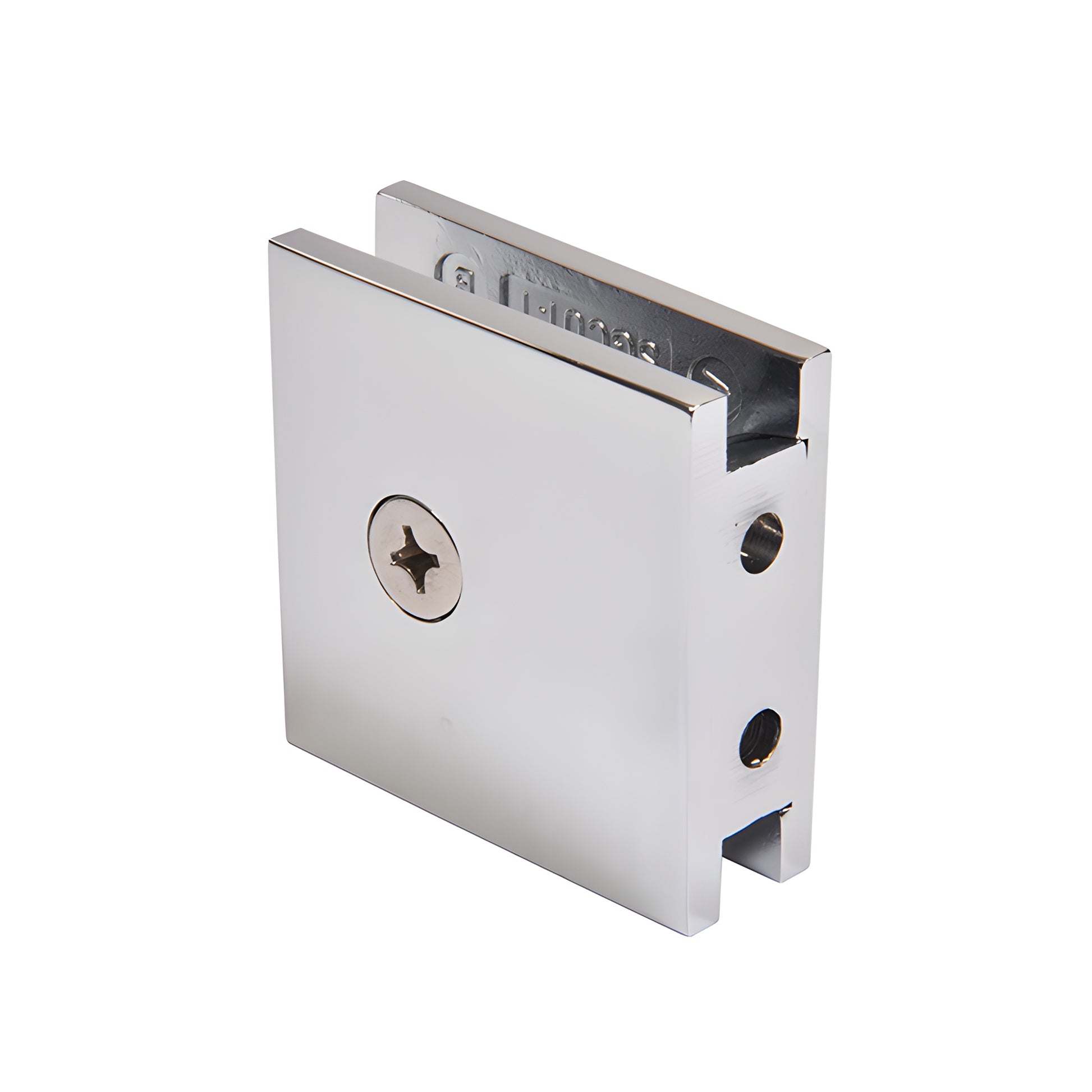 SGCU1CH polished chrome square wall-mount glass clamp for 3/8-1/2" tempered glass, solid brass, notch-in-glass style