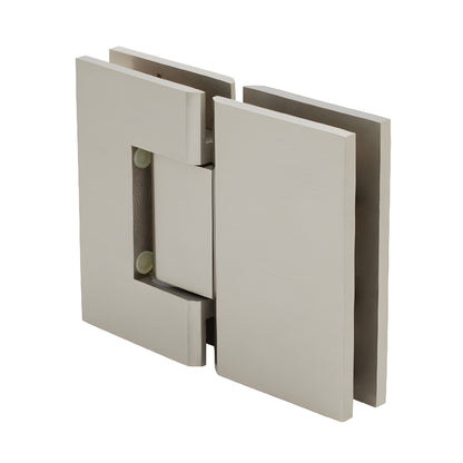GEN580BN Geneva brushed nickel glass-to-glass shower hinge, solid brass, square-profile, 5 pre-set for 8-12mm glass