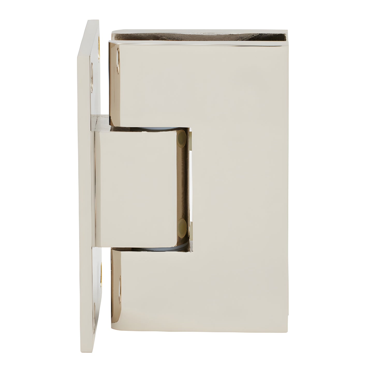 VCT037PN polished nickel solid-brass frameless shower door hinge, wall-mount, self-centering, supports up to 140 lb glass
