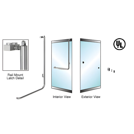 PA100Z3LKBS brushed stainless tubular panic handle for 1/2"-3/4" glass doors, low-profile rail mount, interior push bar (righ