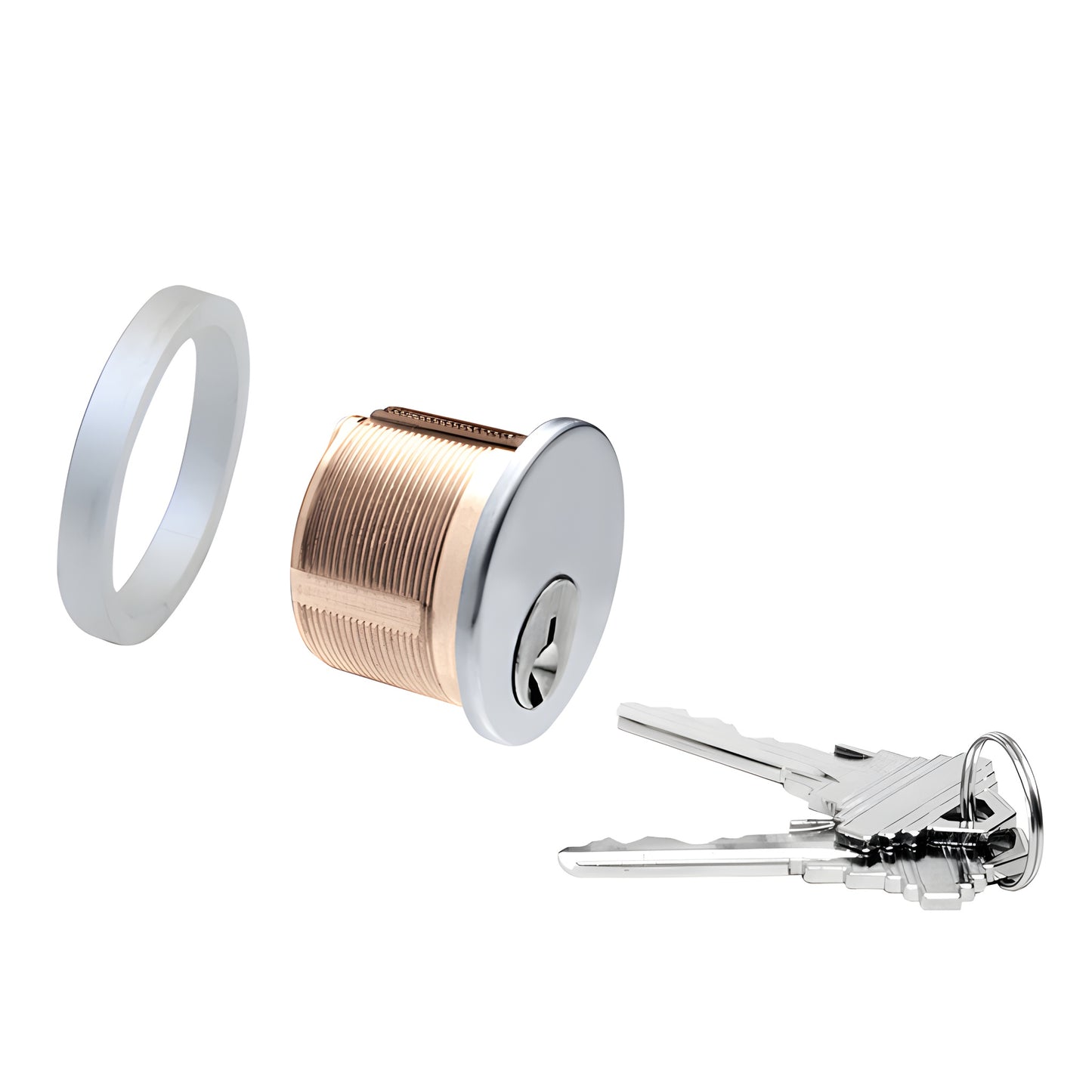 DRA50SA solid brass 5-pin mortise cylinder (1" length, 1-5/32" face) with trim ring and keys, satin anodized finish.