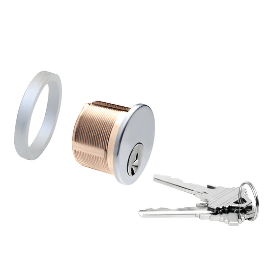 DRA50SA solid brass 5-pin mortise cylinder (1" length, 1-5/32" face) with trim ring and keys, satin anodized finish.