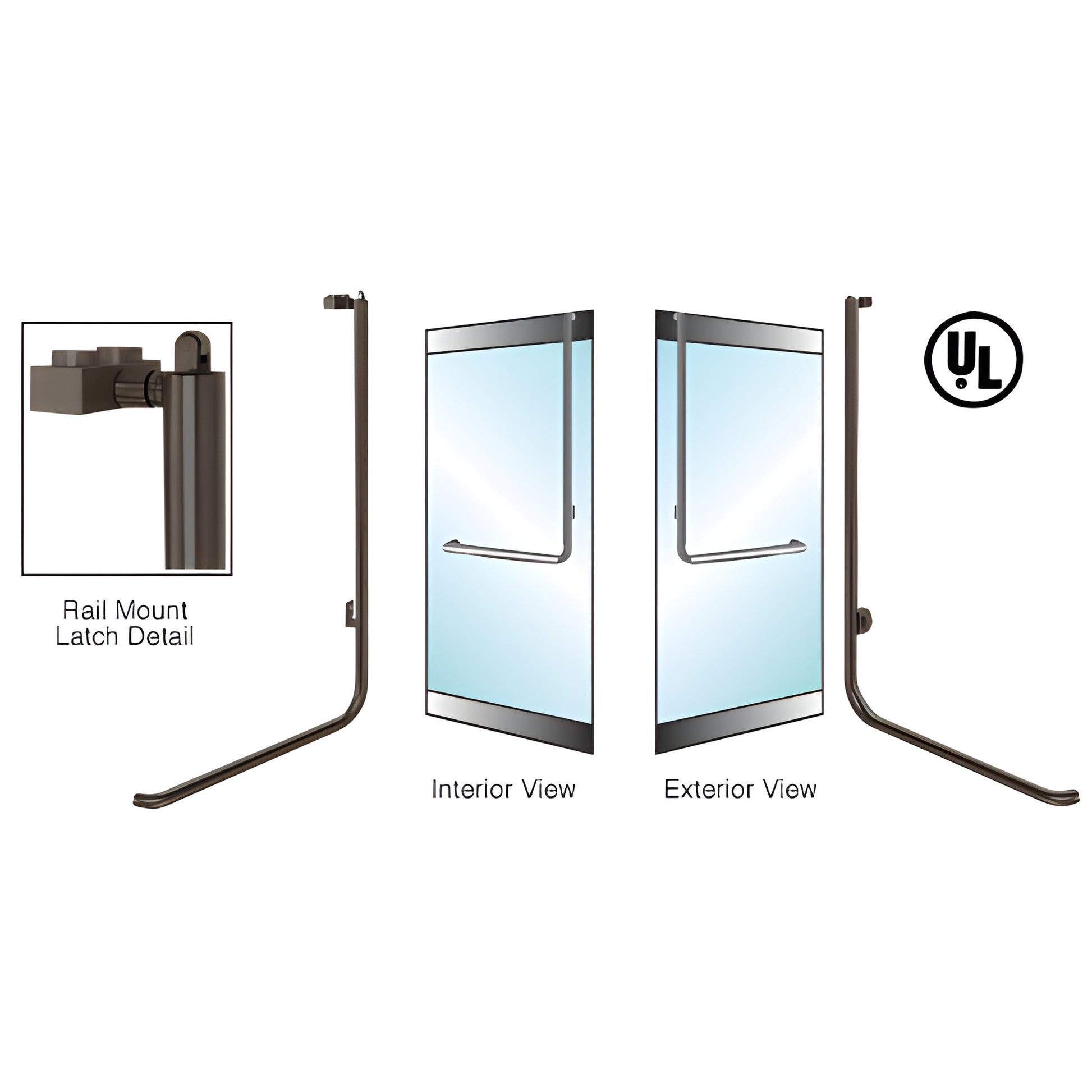 Oil-rubbed bronze tubular panic rail handle for glass doors, 1-1/4" dia, right-hand reverse, UL certified.