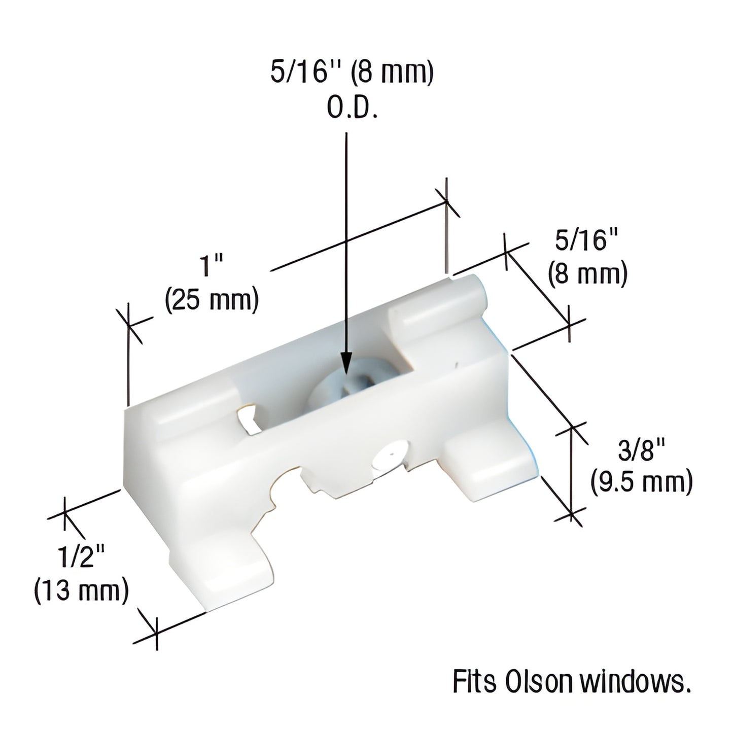 G3008 nylon window roller assembly with flat steel wheel, 1/2" housing, 2-position adjustable, fits Olson windows.