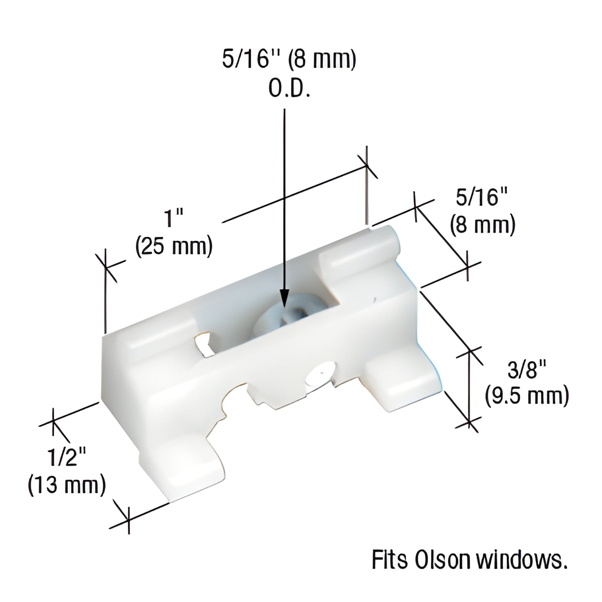 G3008 nylon window roller assembly with flat steel wheel, 1/2" housing, 2-position adjustable, fits Olson windows.
