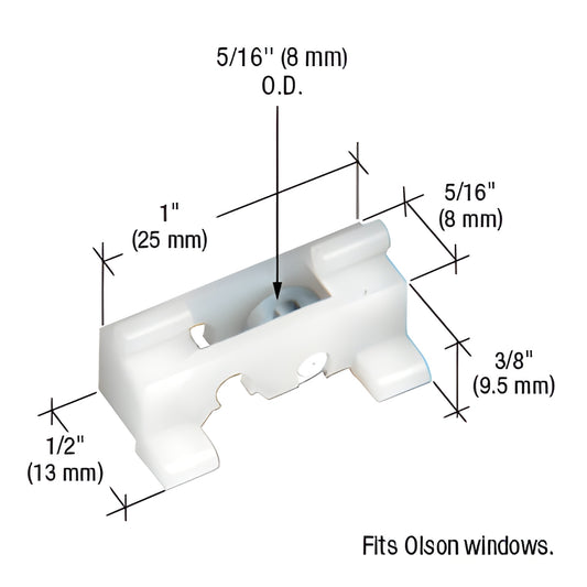 G3008 nylon window roller assembly with flat steel wheel, 1/2" housing, 2-position adjustable, fits Olson windows.