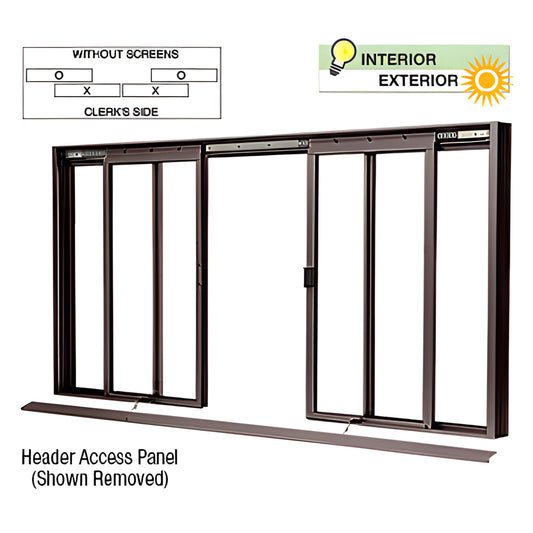 DW3400DU four-panel deluxe sliding service window in bronze anodized frame, two center sliding panels, removable header panel