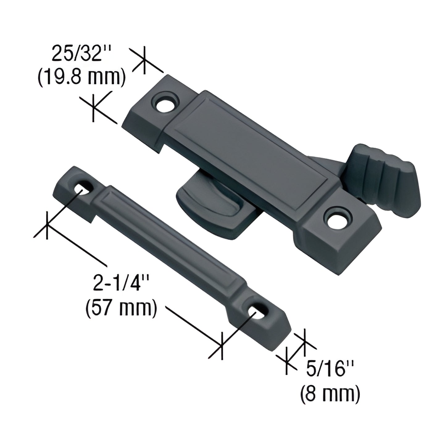Black diecast CRL sash lock (SKU F2532) for double hung windows, cam action two piece lock with 2-1/4 mounting hole spacing.