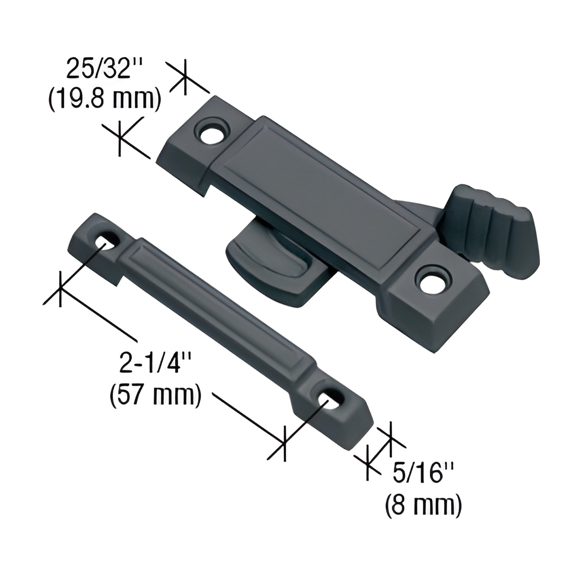 Black diecast CRL sash lock (SKU F2532) for double hung windows, cam action two piece lock with 2-1/4 mounting hole spacing.