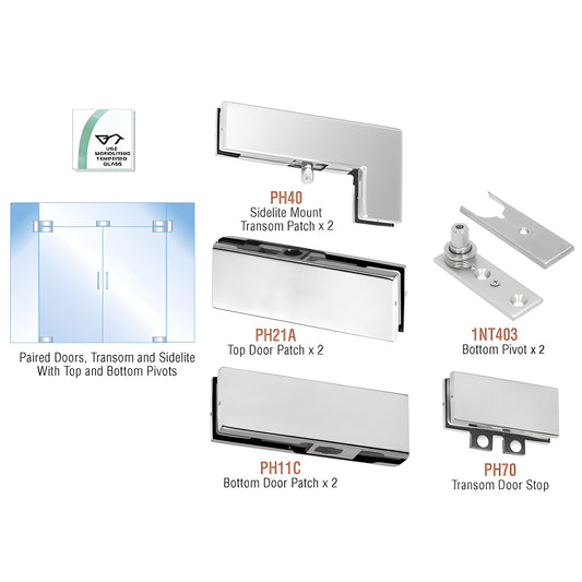PHE8BS brushed stainless frameless glass double-door kit with sidelite/transom patches, top and bottom pivots