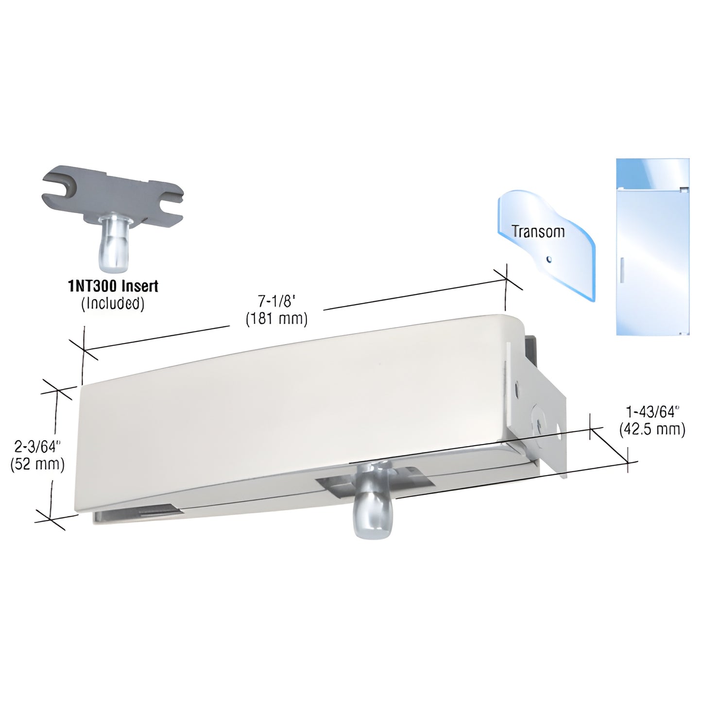 Brushed stainless curved wall-mount transom patch (SKU CPF34BS) for 3/8-1/2 glass doors, w/ 1NT300 insert