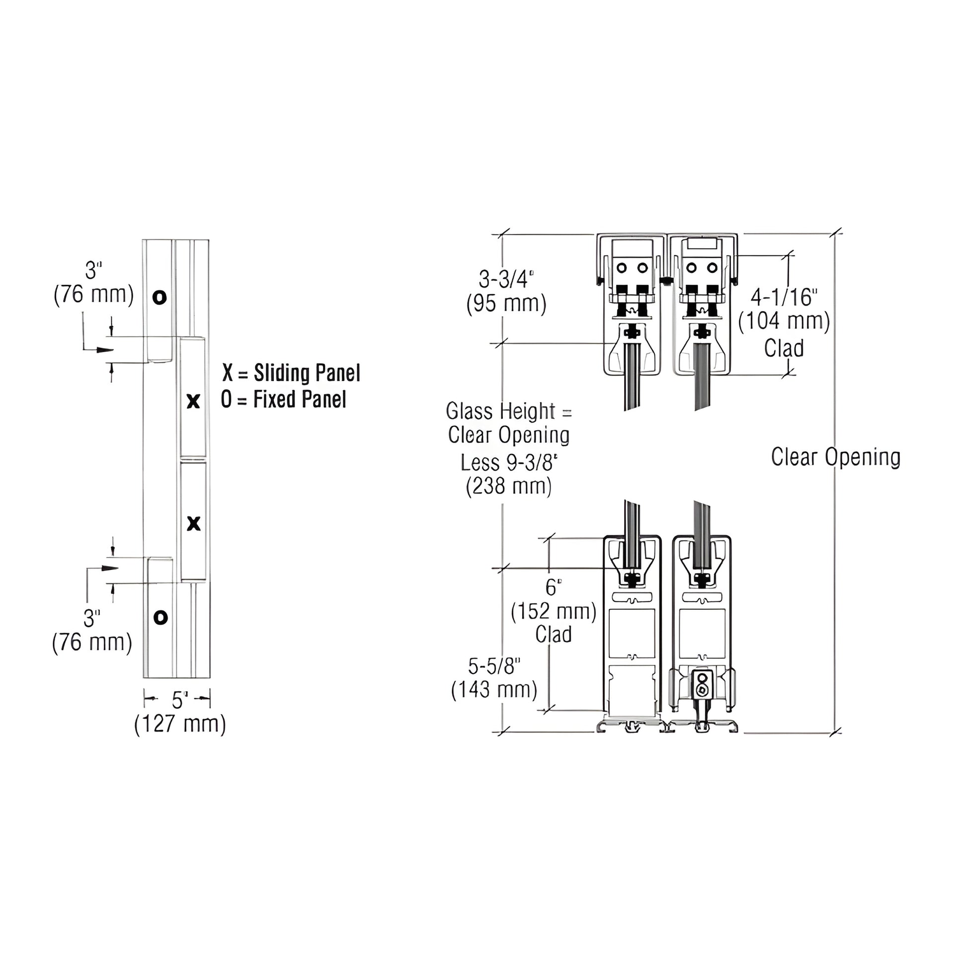 CAD drawing of CRL SDR bottom-rolling sliding door system (SKU 6SDR4FBL), OXXO layout, rails and dimensions.
