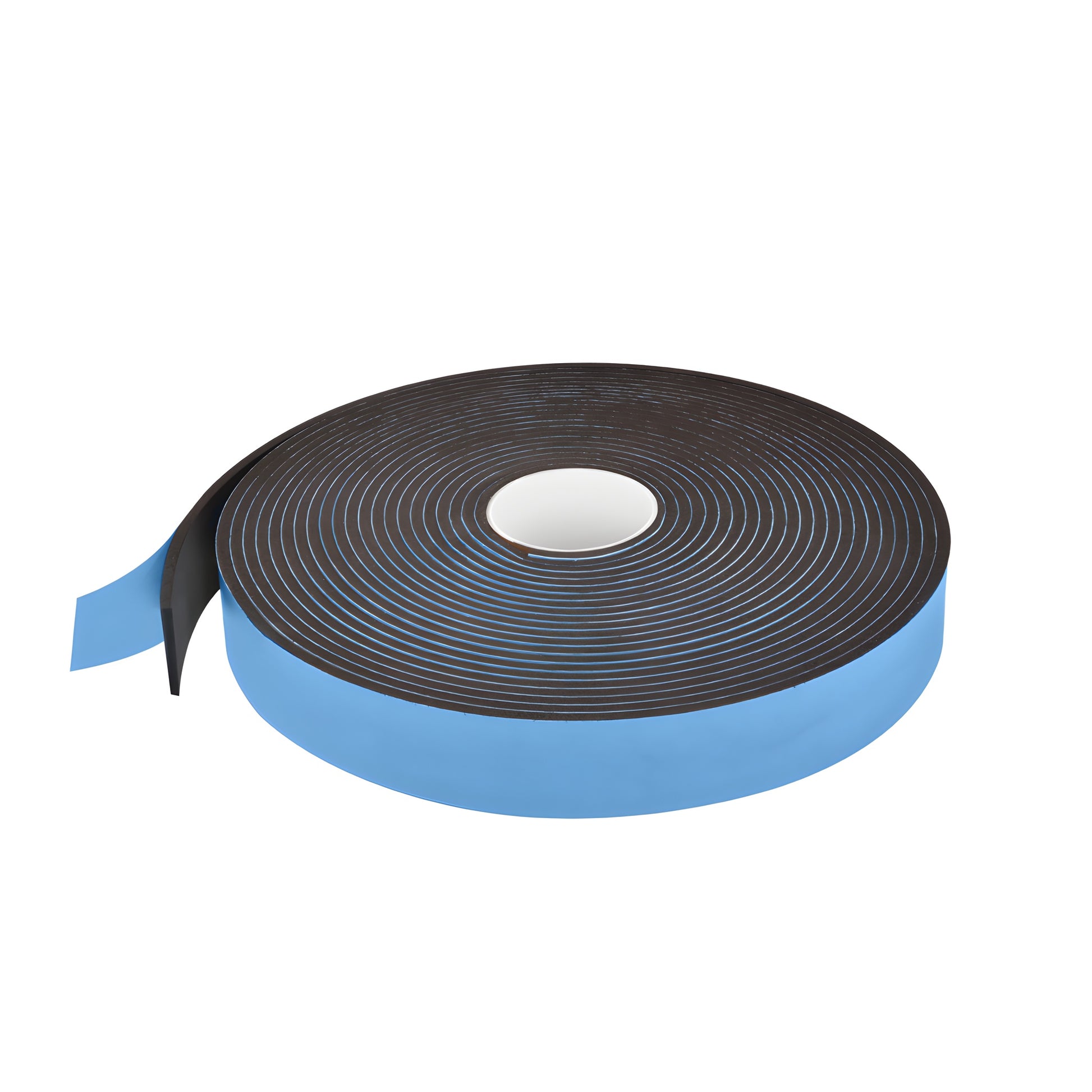 Roll of black closed-cell foam glazing tape with blue release liner, 2 in wide, 50 ft, 1/4 in thick.