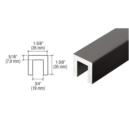 324DU black bronze anodized aluminum U cap rail for 1/2" (12 mm) glass, 1-3/8" wide, illustrated cross-section and profile.