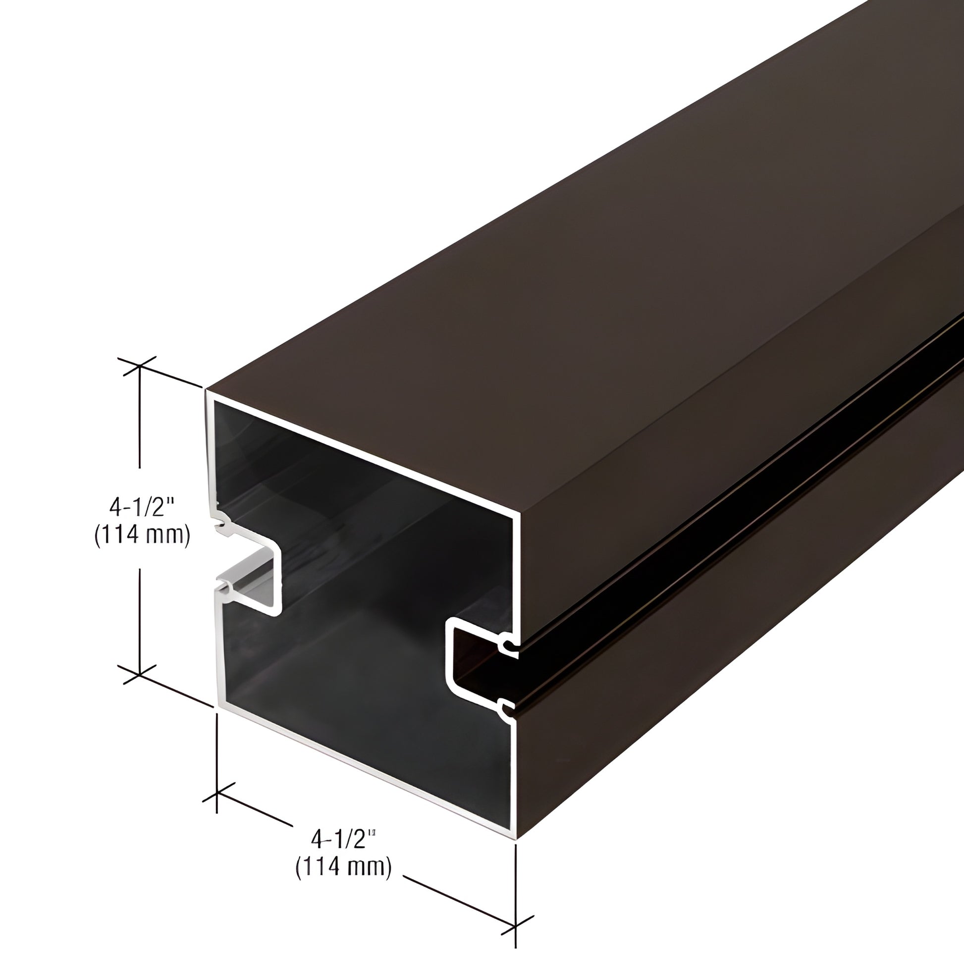 SKU J045222 black bronze anodized 4-1/2" aluminum extrusion profile, hollow square with internal glazing slots.