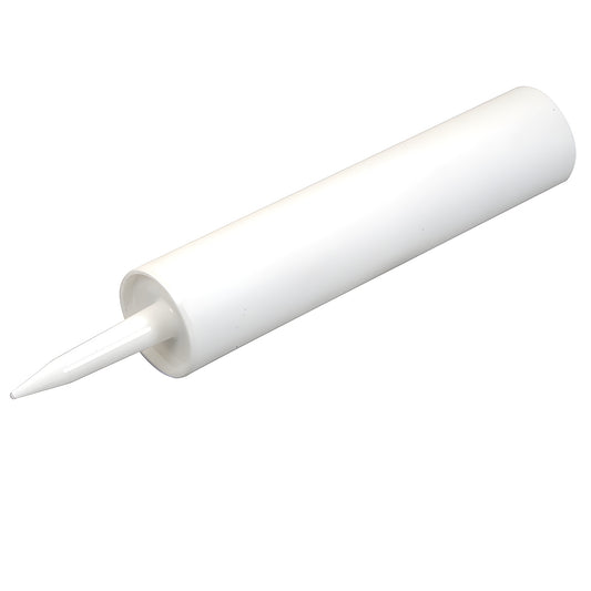CRL SKU 103FLC white 8-1/2-inch plastic sealant cartridge with tapered non-removable nozzle and plunger cap.