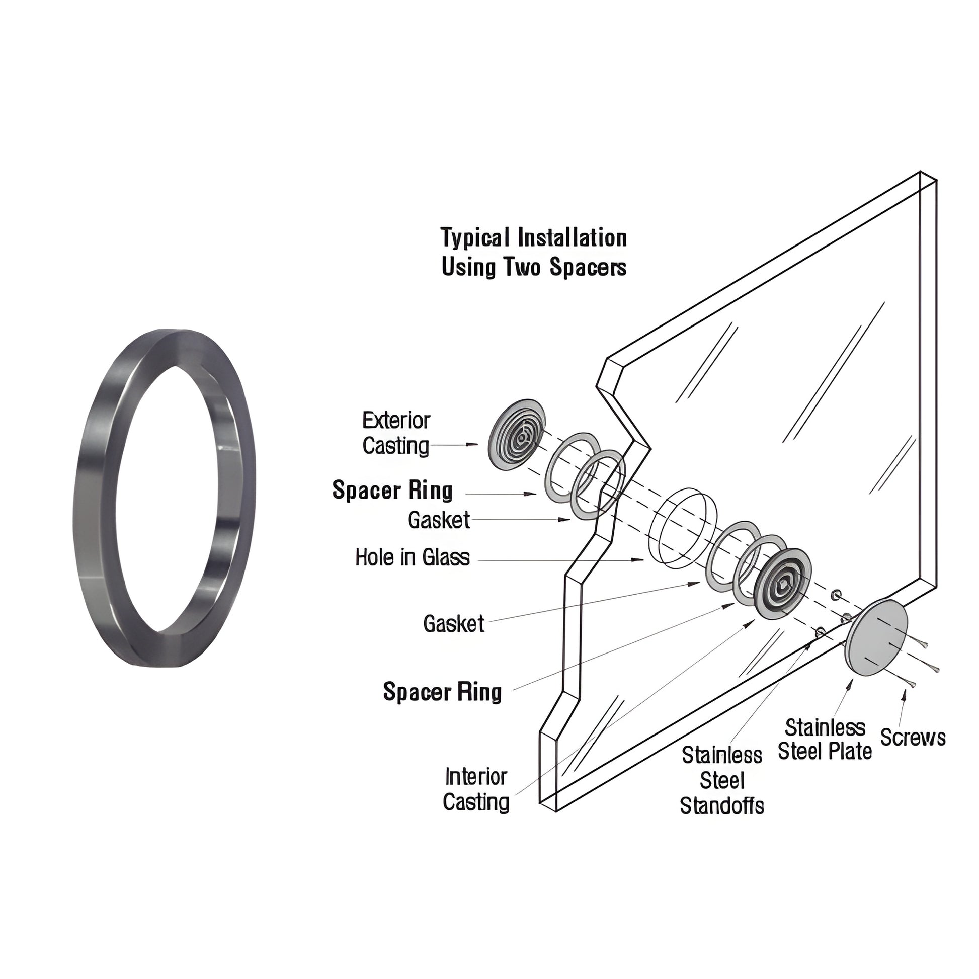 Brushed aluminum spacer ring (SKU SR666212) for N666 bullet-resistant speak-thru, fits glazing under 1-3/16"