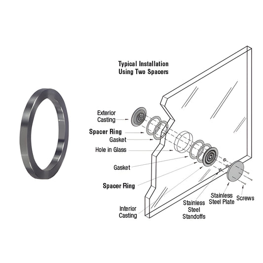Brushed aluminum spacer ring (SKU SR666212) for N666 bullet-resistant speak-thru, fits glazing under 1-3/16"