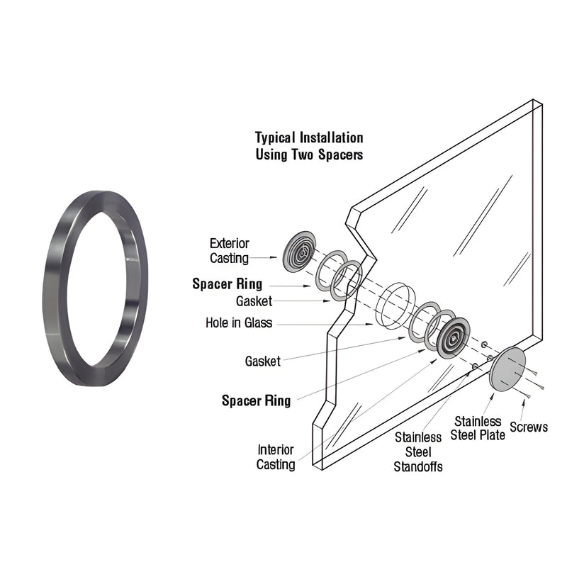 Brushed aluminum spacer ring (SKU SR666212) for N666 bullet-resistant speak-thru, fits glazing under 1-3/16"