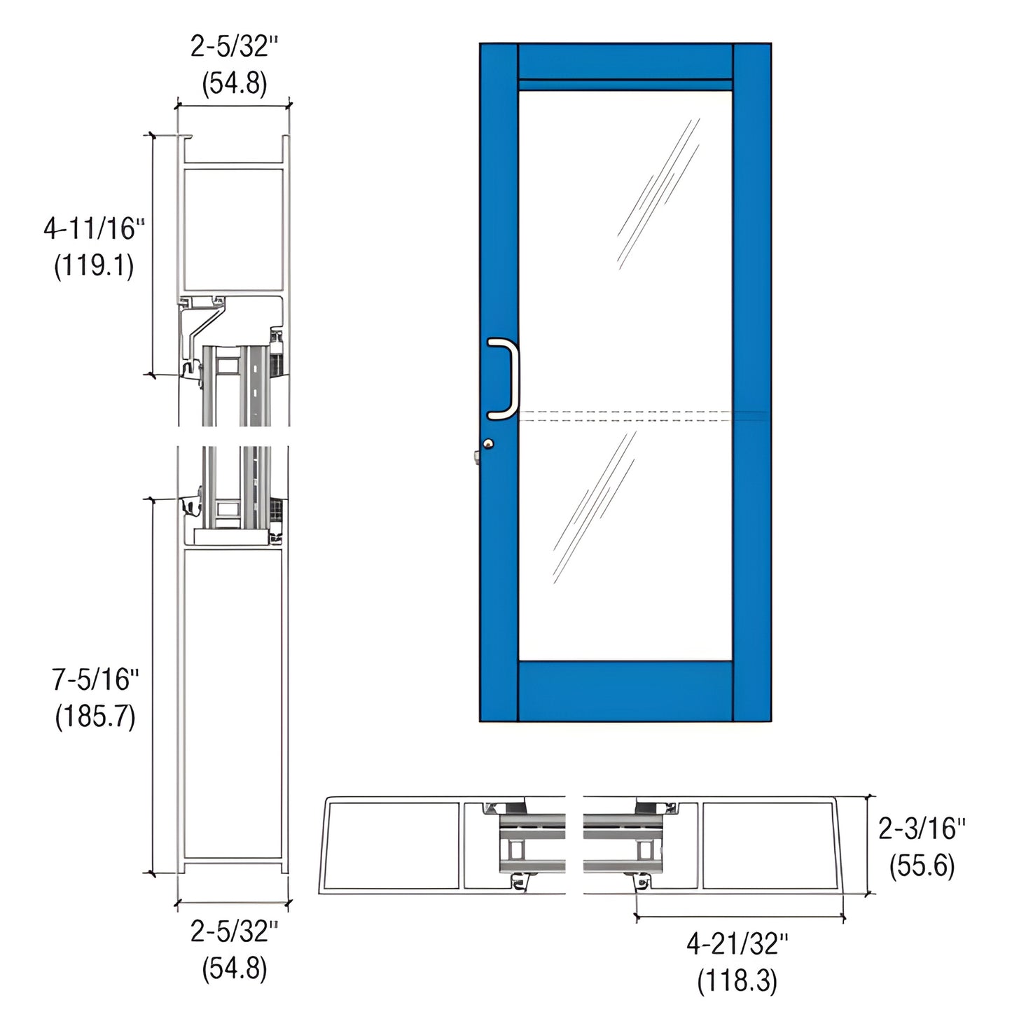 Blast-resistant custom entrance door BR61571 - blue aluminum frame with impact glazing.