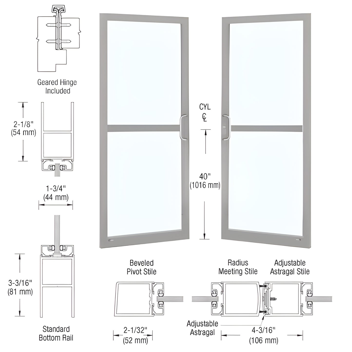 Clear anodized narrow stile commercial entrance door (SKU DZ22811) with 2 in stiles, panic pull and glass.