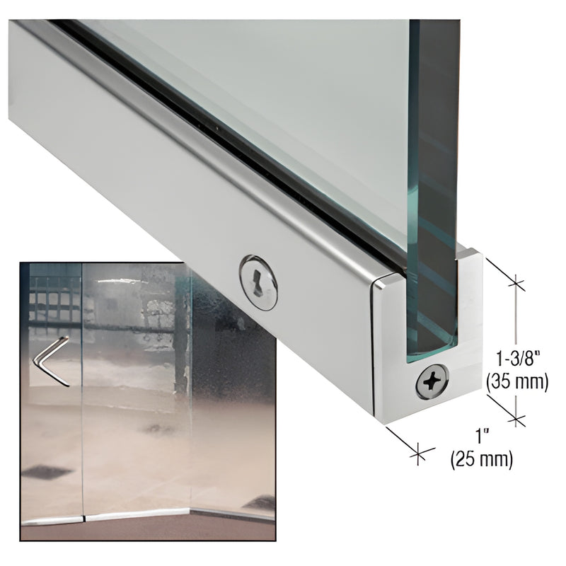 Slender 1" stainless steel door rail (brushed) for 1/2" tempered glass with cam lock, 1-3/8" high