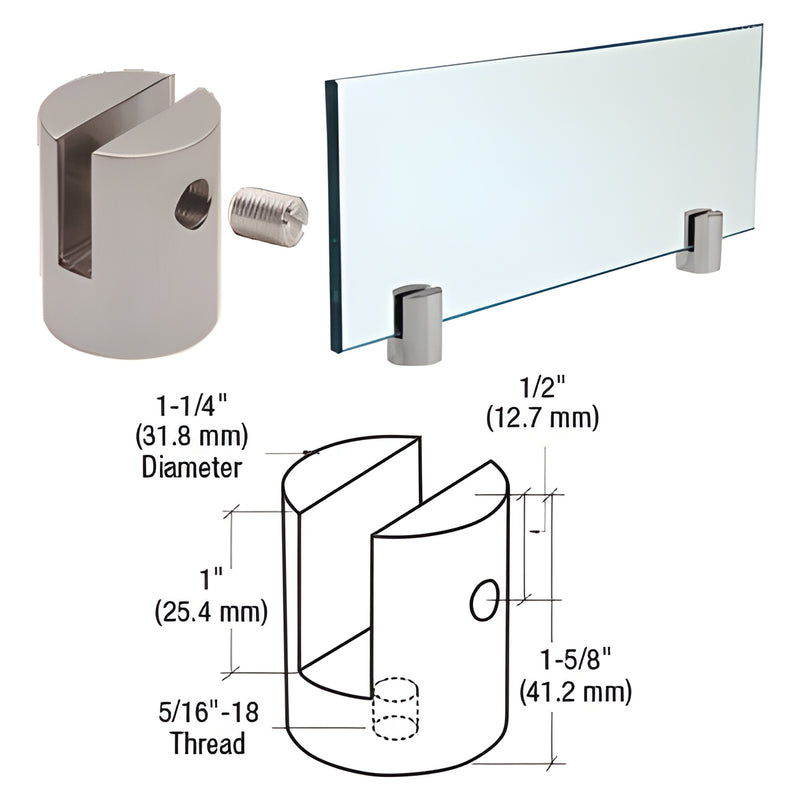 A brushed stainless steel slot mount standoff shown with a glass panel and a technical dimension diagram.