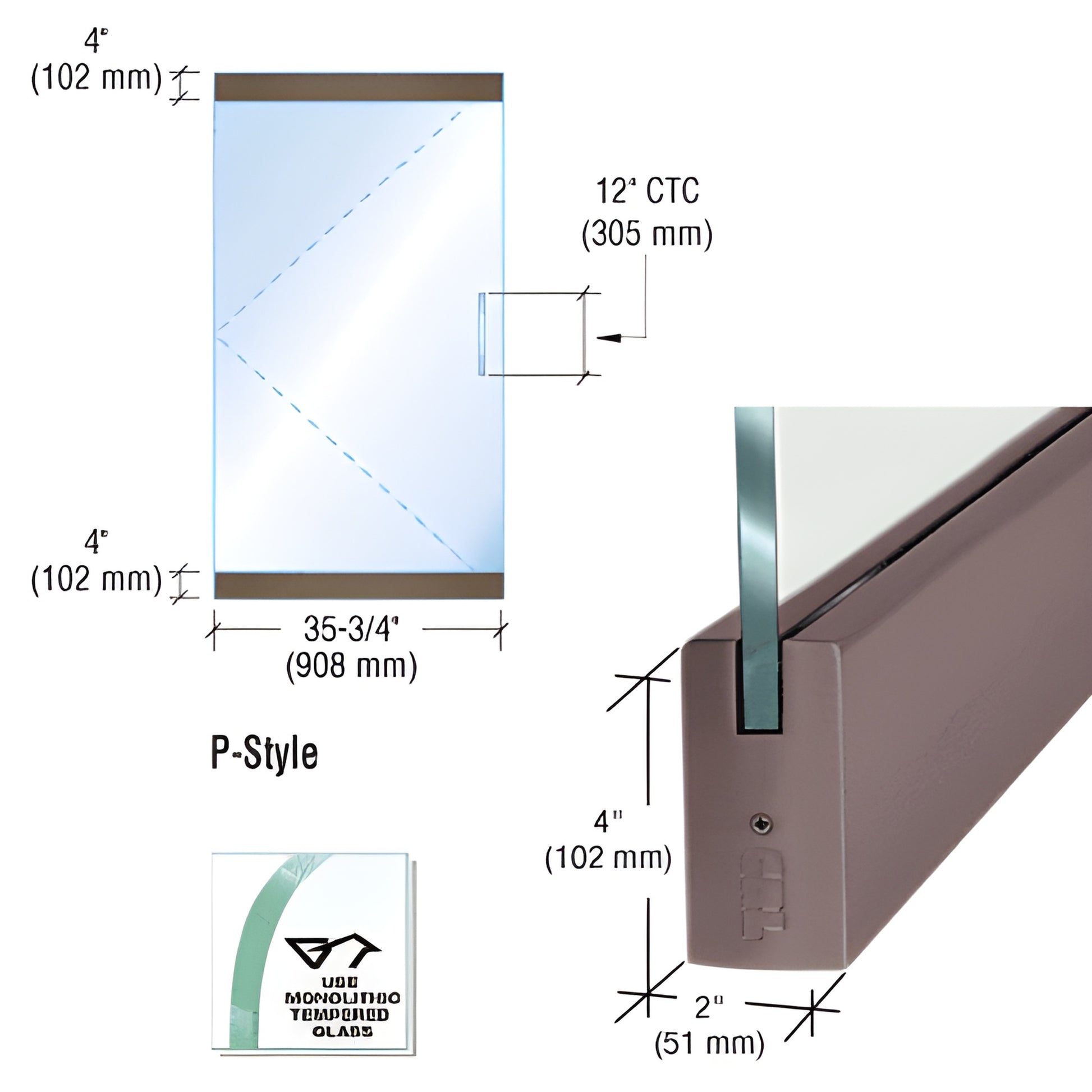 P4DU12S P-style dry glazed frameless glass door kit, 1/2" tempered glass, aluminum dry glaze rails, black/bronze finish.