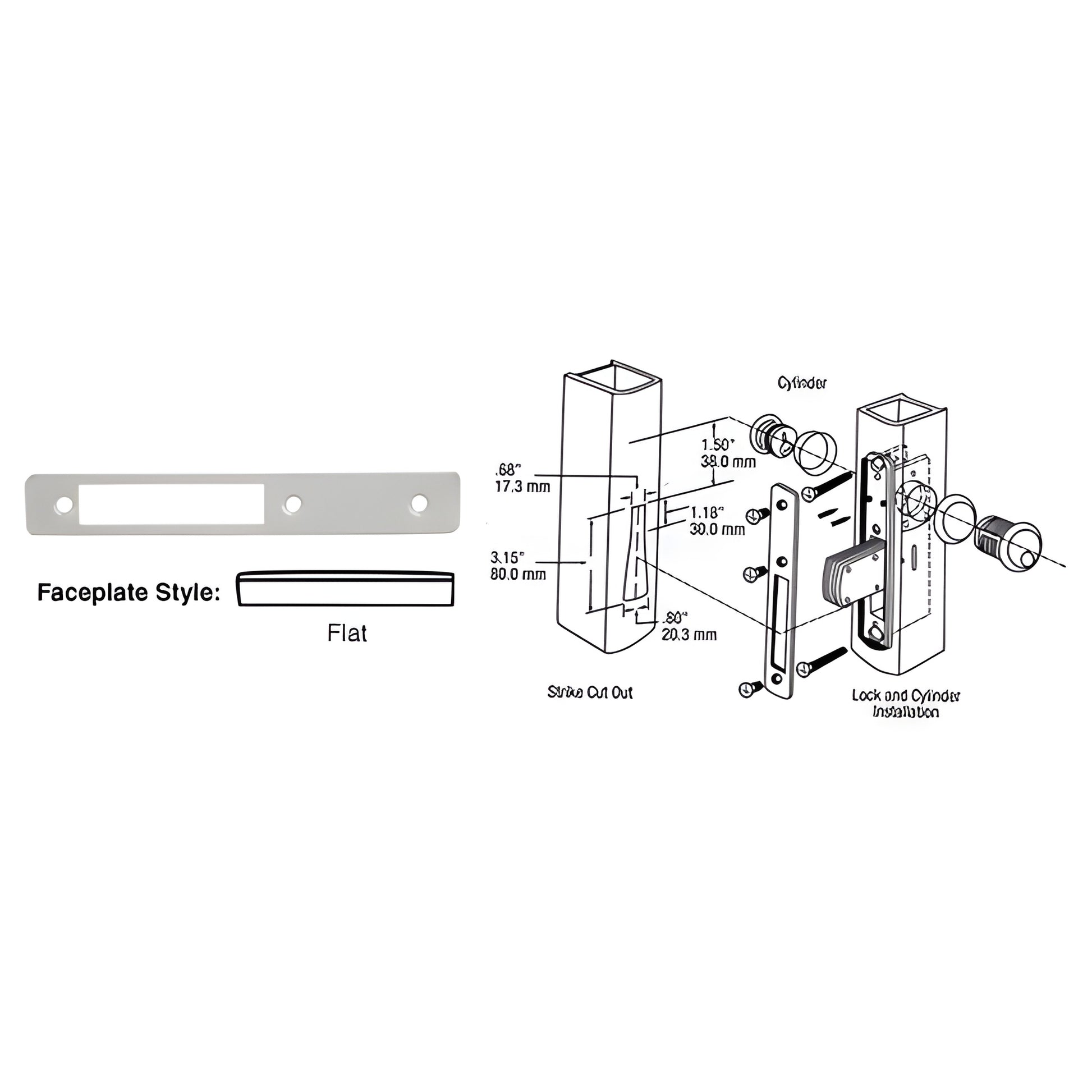 DL2111A aluminum flat faceplate for deadlock, 1" x 6-7/8" (25 x 175 mm), shown with installation diagram.