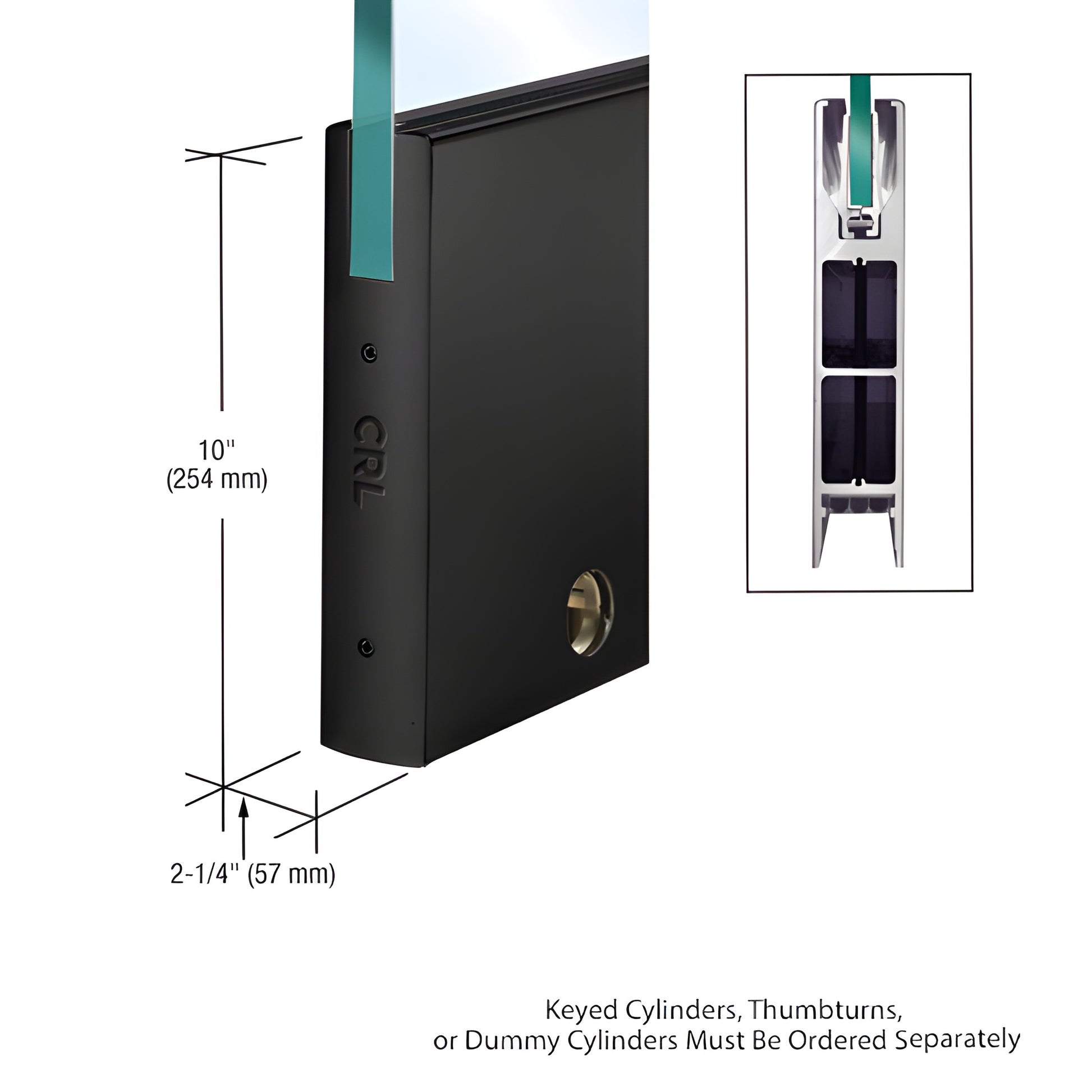 CRL Wedge-Lock matte black 35-3/4 in door rail for 1/2 in glass, 10 in high, cylinder hole - SKU DR10SMBL12SL