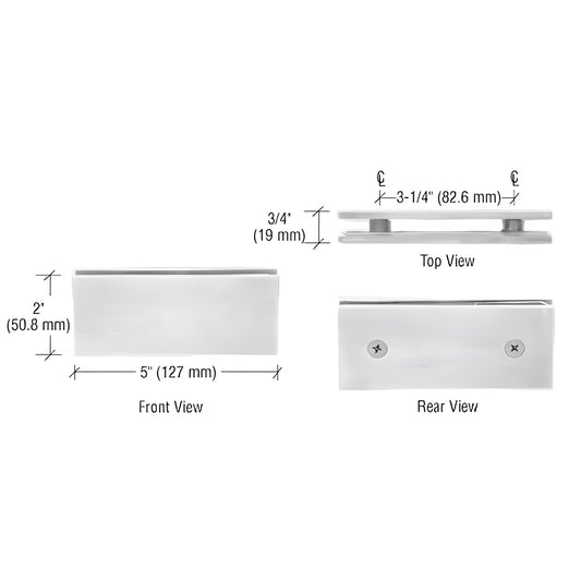 SGC180PN polished nickel square 180 glass-to-glass clamp, solid brass, 5" x 2", fits 3/8-1/2" glass