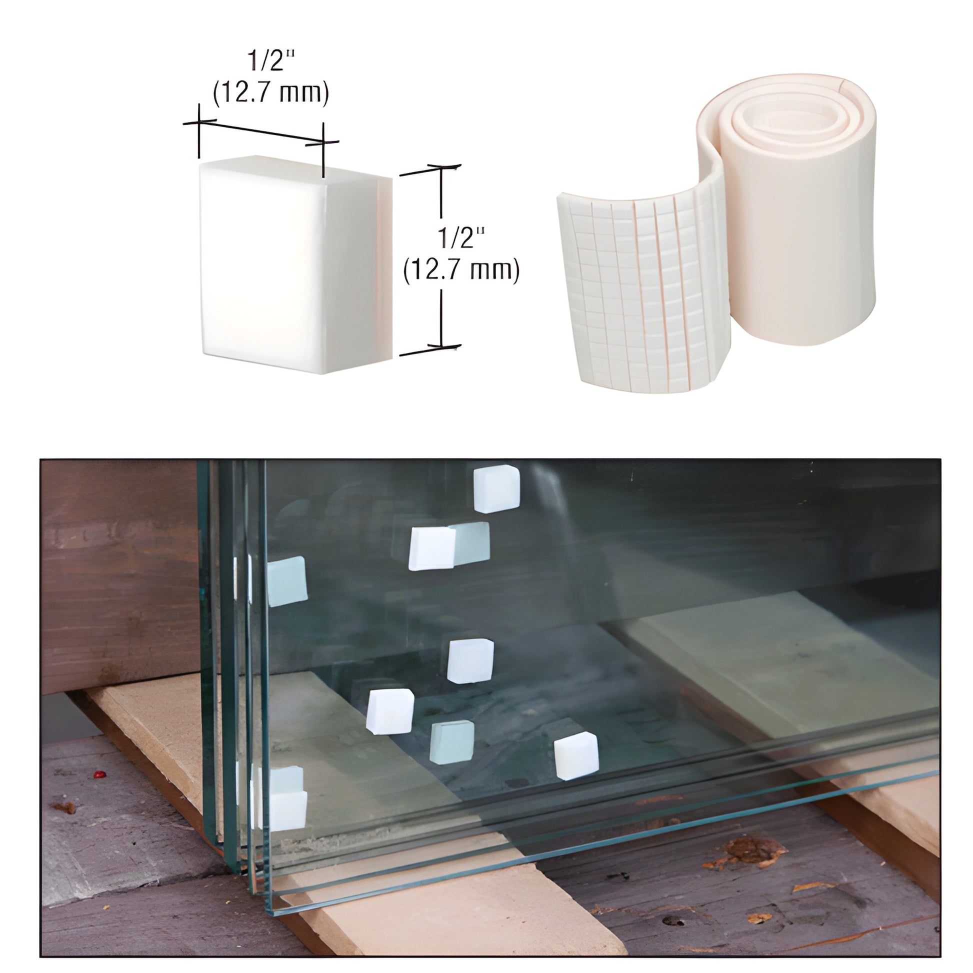 NAP12 static-cling white foam shipping pads, 1/2" squares on a roll, shown stuck to glass panels for protection.