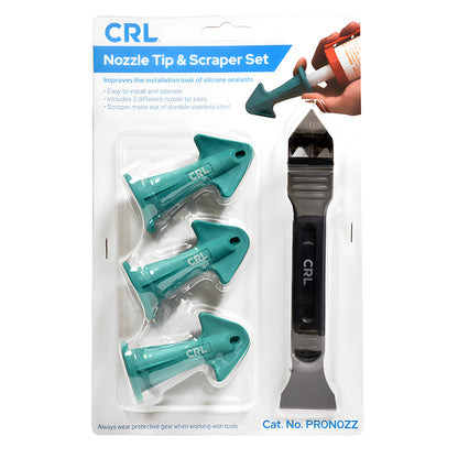 CRL caulking set: stainless steel scraper with three teal non-stick reusable nozzle tips, SKU PR0N0ZZ