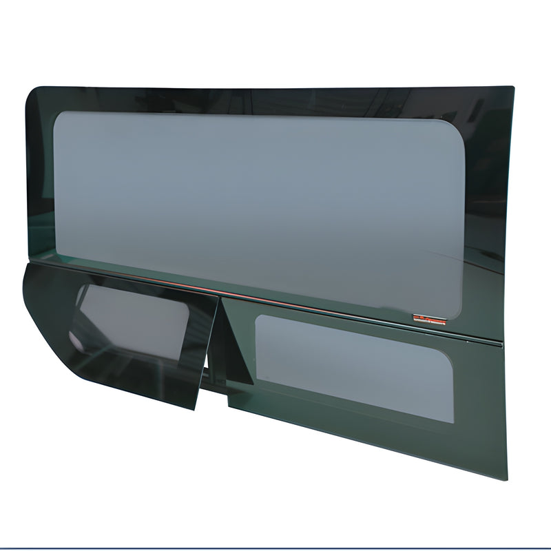 FW297R Ford Transit passenger-side rear quarter all-glass window, dual vent with screen, 28% dark gray glass