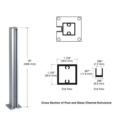 Satin anodized aluminum 1-1/8" square end partition post with full-length U-channel for 1/4" glass, includes cap & base.