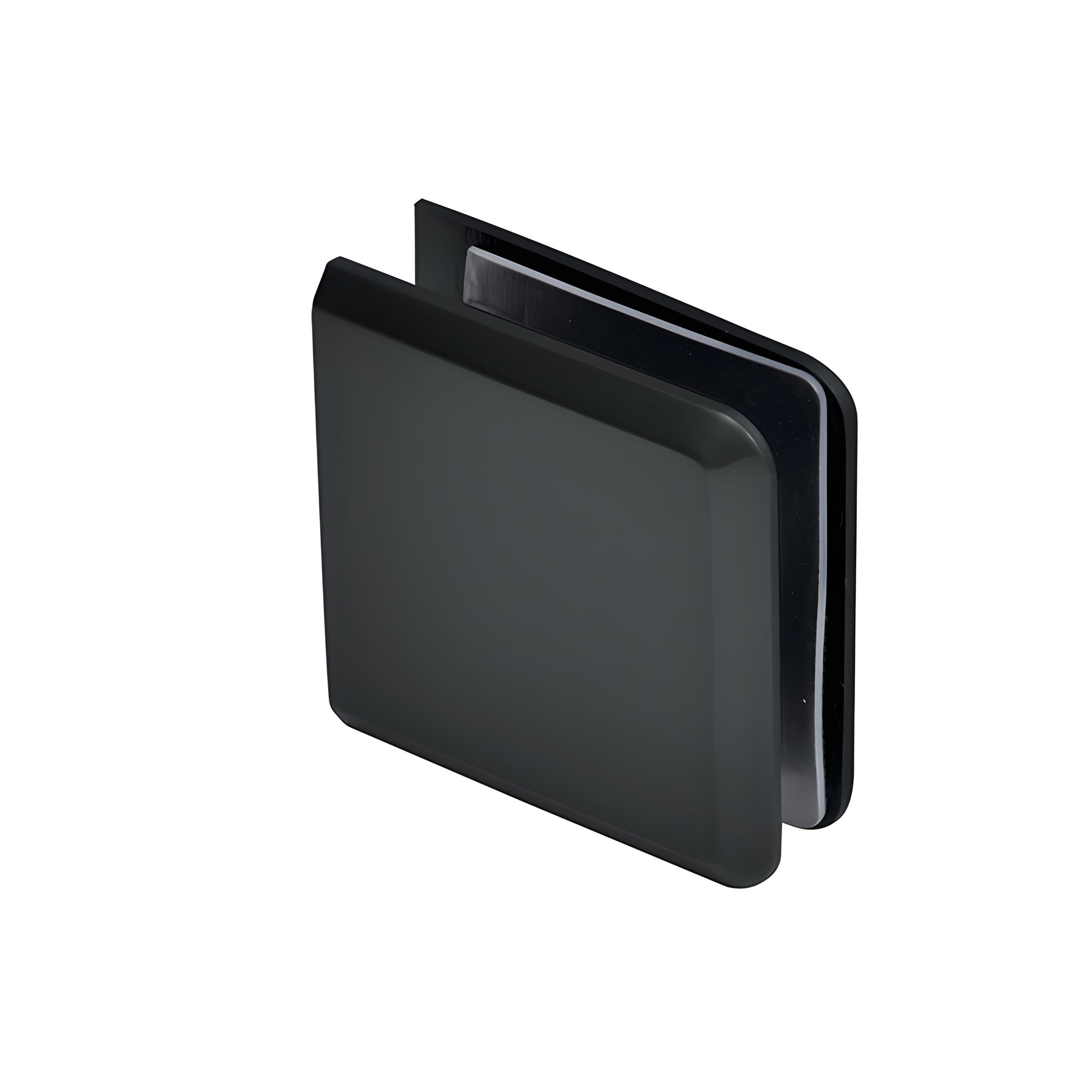 Matte black beveled wall-mount glass clamp (BCU4MBL) for 3/8 to 1/2" frameless shower glass, solid brass.