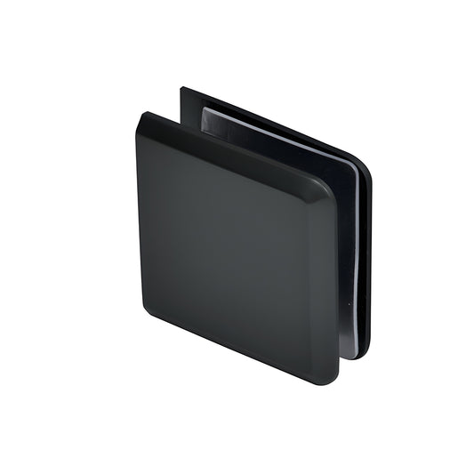 Matte black beveled wall-mount glass clamp (BCU4MBL) for 3/8 to 1/2" frameless shower glass, solid brass.