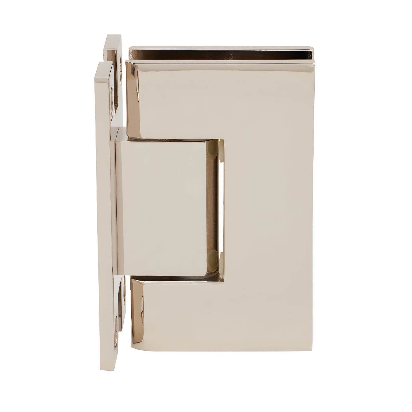 Polished nickel H-shaped Geneva wall-mount hinge for frameless glass doors, square profile (SKU GENH037PN)