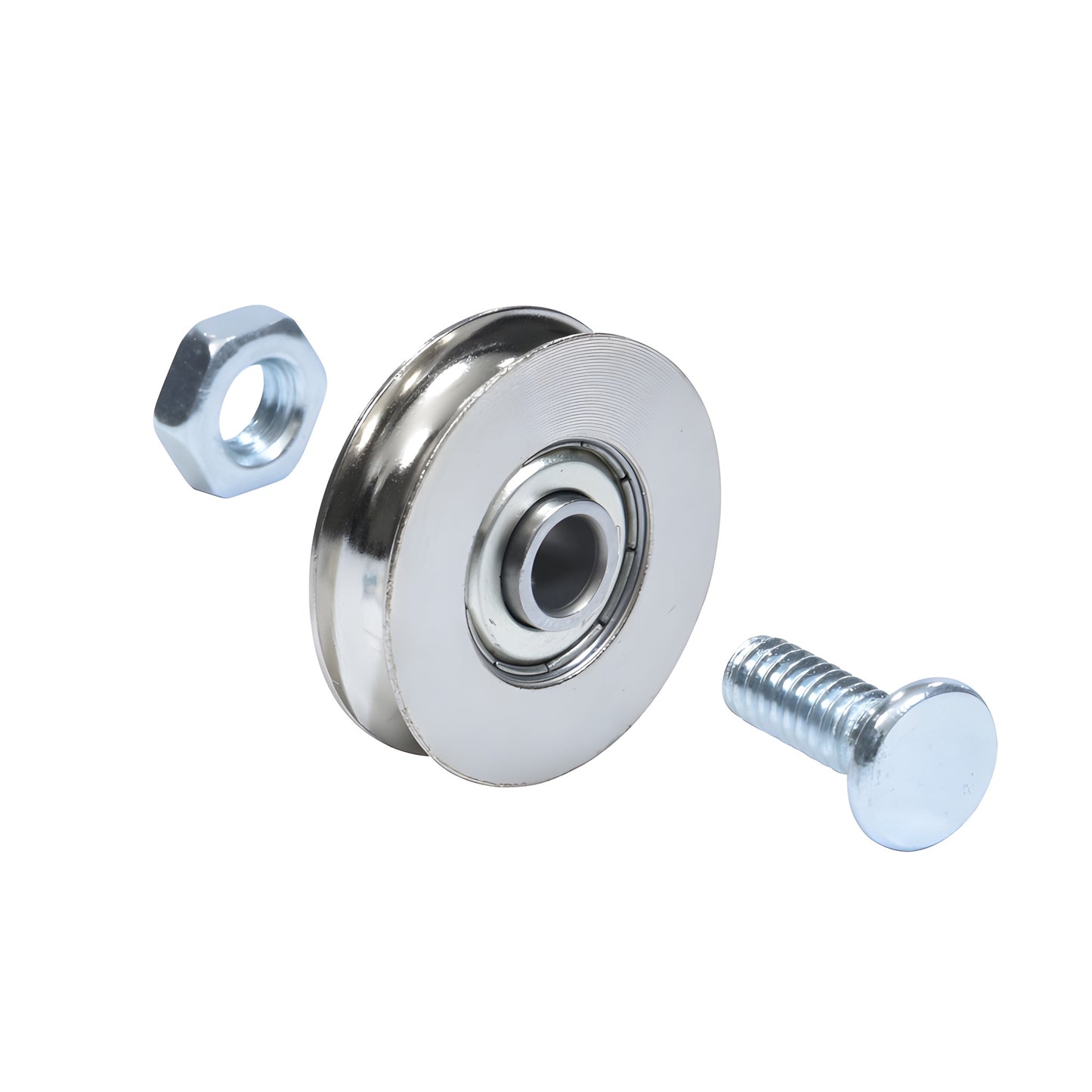CRLD1502B steel center-grooved concave patio door roller with 1/4" hole, includes carriage bolt and nut