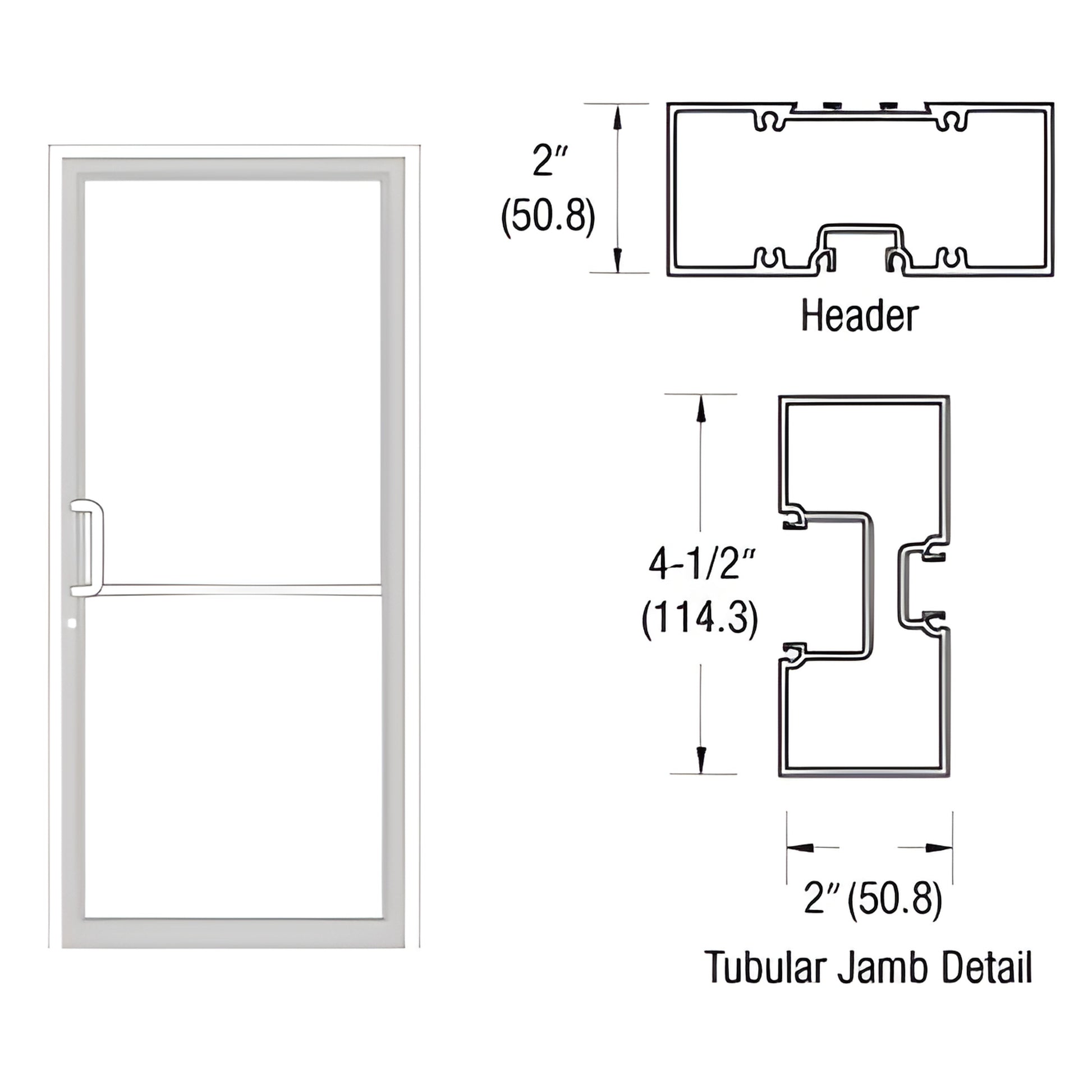 FR71552 white aluminum commercial door frame with threshold and tubular jamb/header cross-section diagrams.