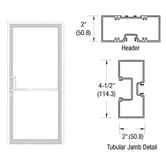 FR71552 white aluminum commercial door frame with threshold and tubular jamb/header cross-section diagrams.