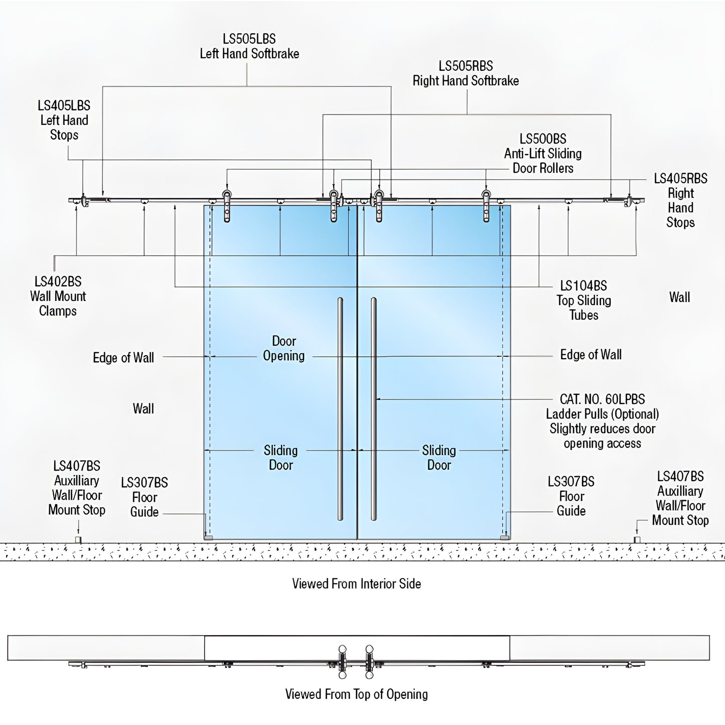 Technical diagram of CRL Laguna LSWM8BS bi-parting stainless steel wall-mount slider with softbrake and anti-lift rollers.
