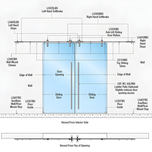 Technical diagram of CRL Laguna LSWM8BS bi-parting stainless steel wall-mount slider with softbrake and anti-lift rollers.