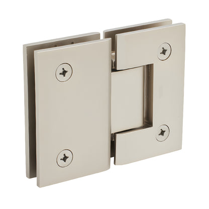 GEN180SN satin nickel Geneva glass-to-glass shower hinge, solid brass, 180 self-centering pivot for 8-12mm glass