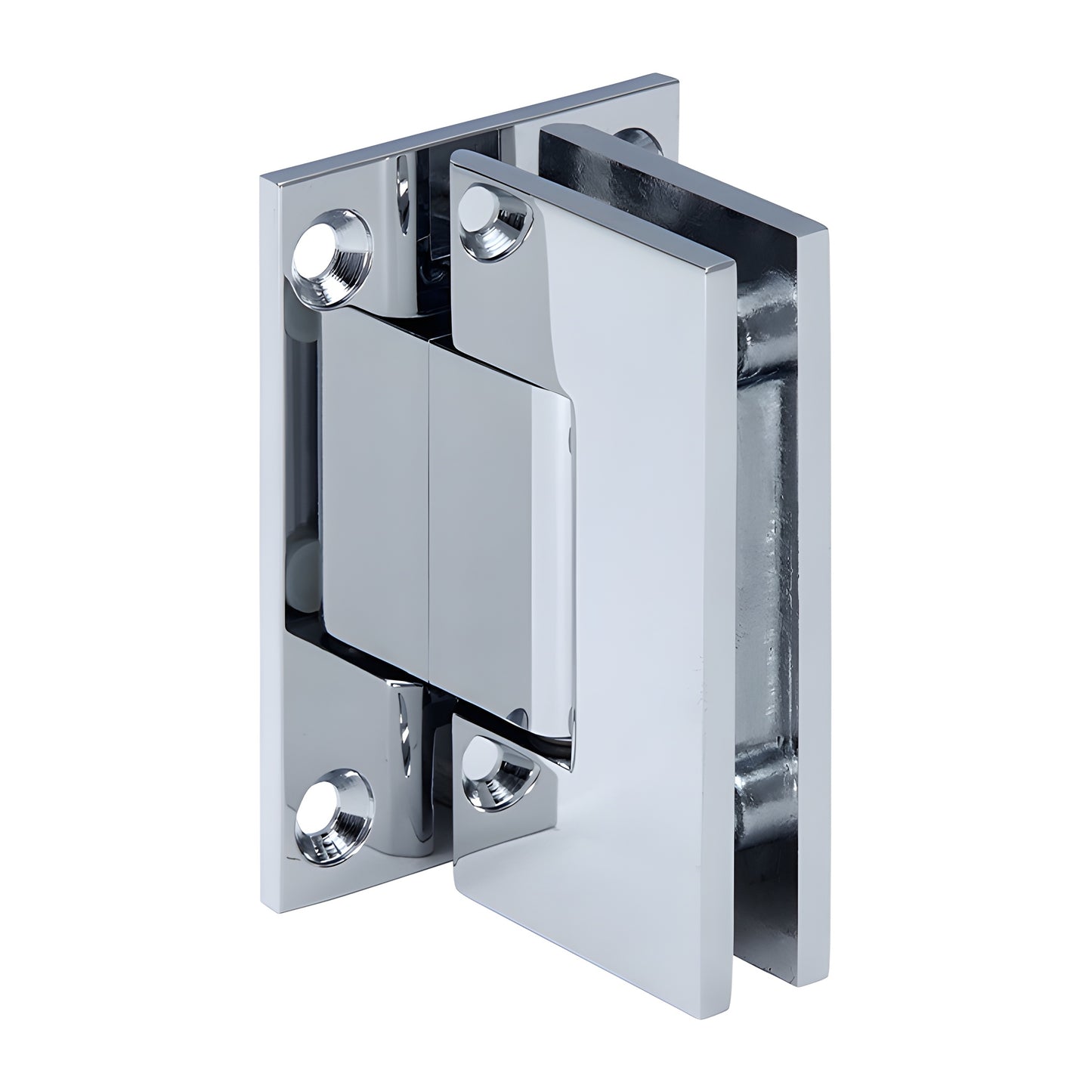 Polished chrome brass Junior Geneva shower door hinge (SKU JRG037CH), wall-mount full back plate for 6-8mm glass